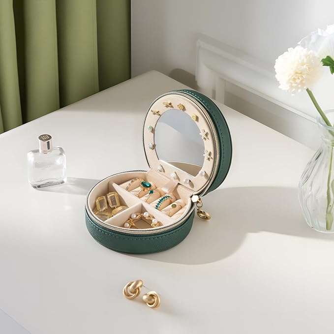 ProCase Travel Size Jewelry Box, Mini Portable Seashell-Shaped Jewelry Case with Mirror, 2 Layer Organizer in PU Leather for Women -Emerald