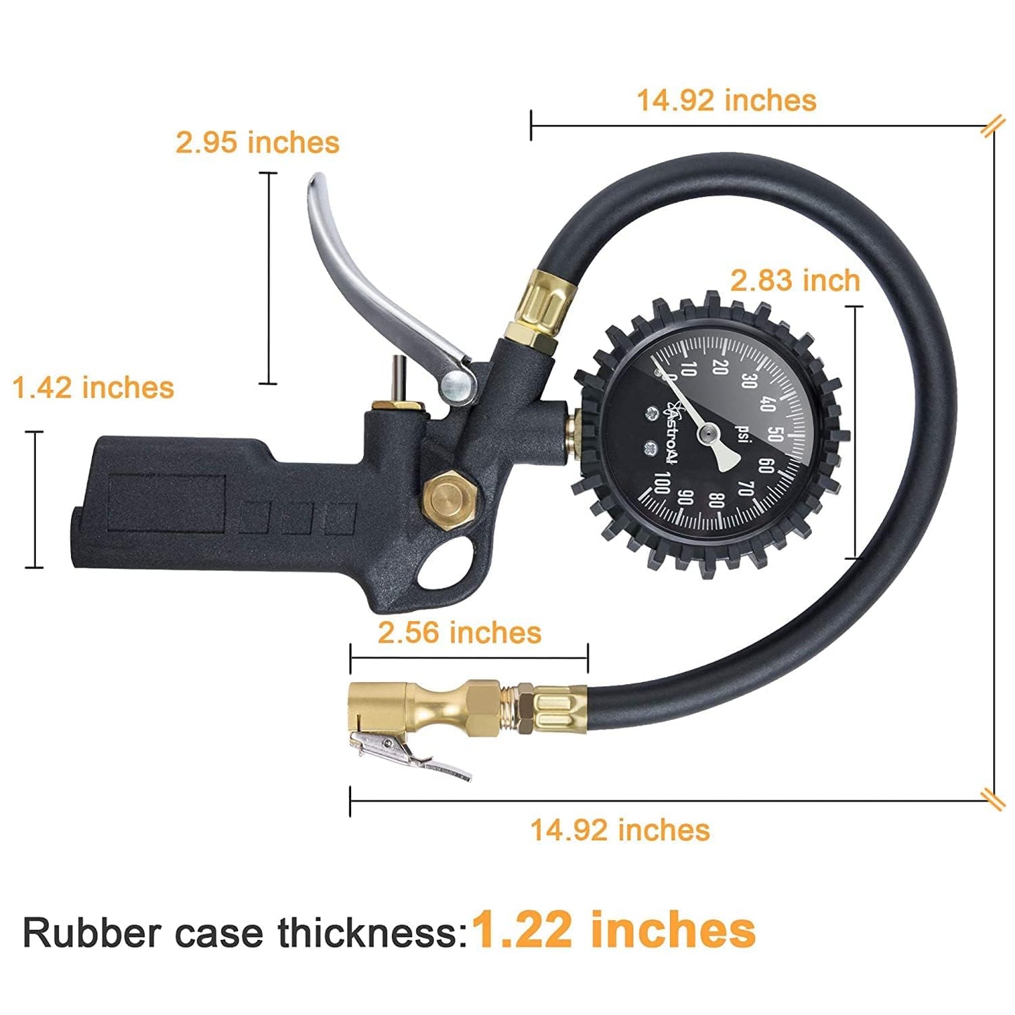 AstroAI Tire Pressure Gauge with Inflator, 100 PSI-ANSI B40.1 Accurate, Large 2.5" Easy Read Glow Dial, Heavy Duty Air Chuck and Compressor Accessories for Truck, with Case