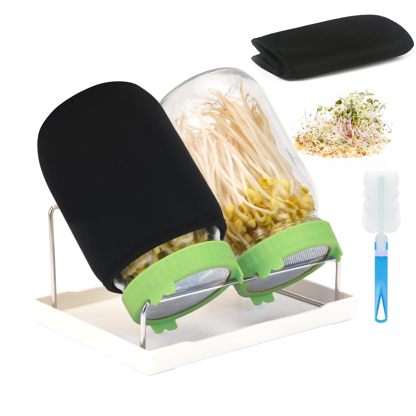 Lulonpon Sprouting Kit, 2 Sprouting Jar Kits, Wide Mouth Quart Mason Jars with Stainless Steel Screen Sprout Lids,1000ml Sprouts Growing Kit, Seed Sprouter Set for Growing Broccoli, Bean, Alfalfa 