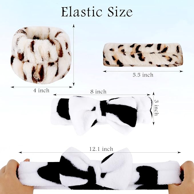 12PCS SPA Headband and Wristband Set Super Cute Soft Microfiber Makeup Headband for Women Girls Elastic Bow Skincare Headbands with Highly Absorbent Wristbands for Washing Face Shower