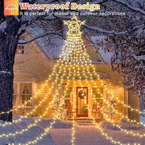 23FT 714 LED Christmas Decoration Lights Outdoor, 8 Modes Waterfall Star String Lights with Waterproof Timer, Dimmable Waterfall Tree Lights for Indoor Roof Patio Holiday Party, Warm White