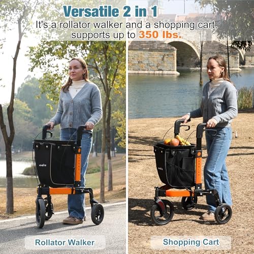 3 Wheel Rollator Walker, Walkers for Seniors, Rollator Walker Lightweight Foldable, with Tray and Large Storage Bag, 10 Inch Front Wheel for All Terrain, Orange