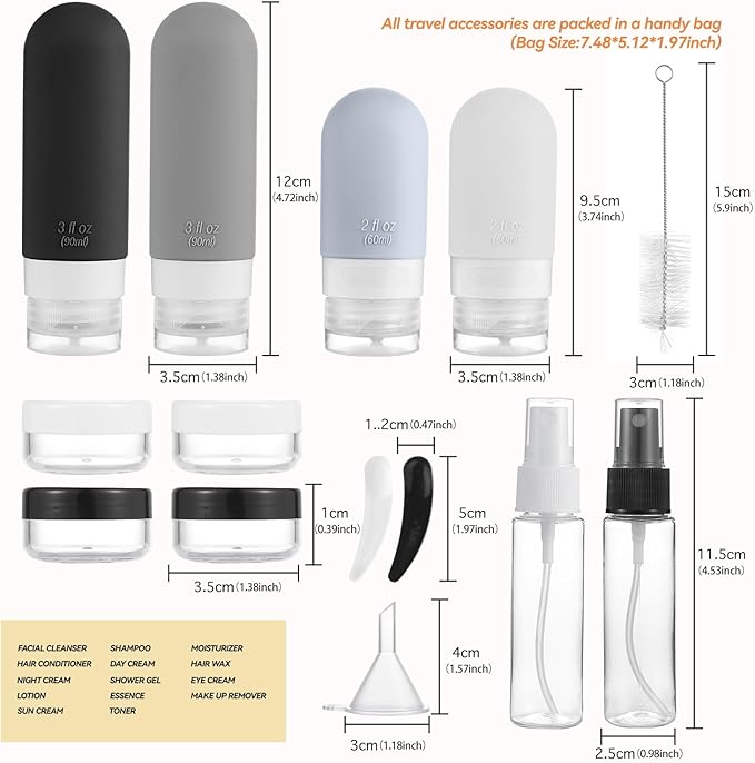 Travel Bottles Kit (16 Pack) - TSA Approved, Leak Proof Silicone Squeezable Containers for Toiletries. Complete Set with Jars, Sprayers & Bag (Black)