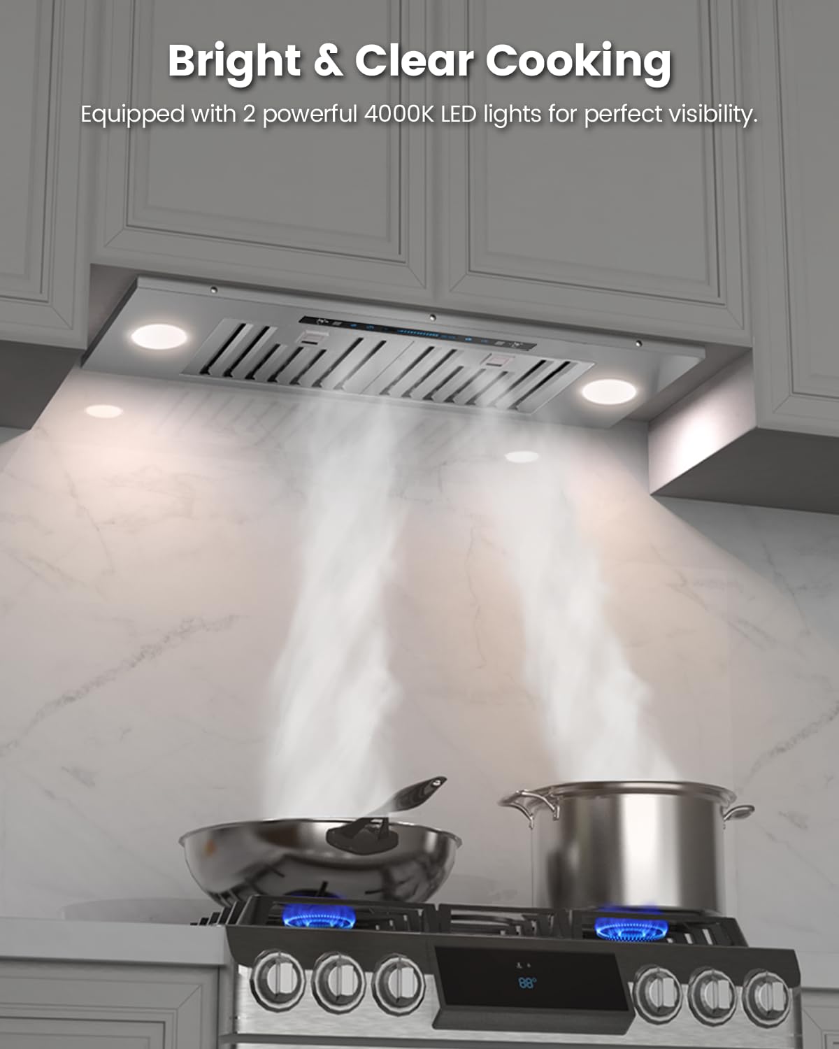 JOCO 30 Inch Range Hood Insert, 900 CFM Stainless Steel Built-In Kitchen Vent Hood, Convertible for Ducted or Ductless Installation, 4-Speed Gesture/Touch/Remote Control, Model B01-30G