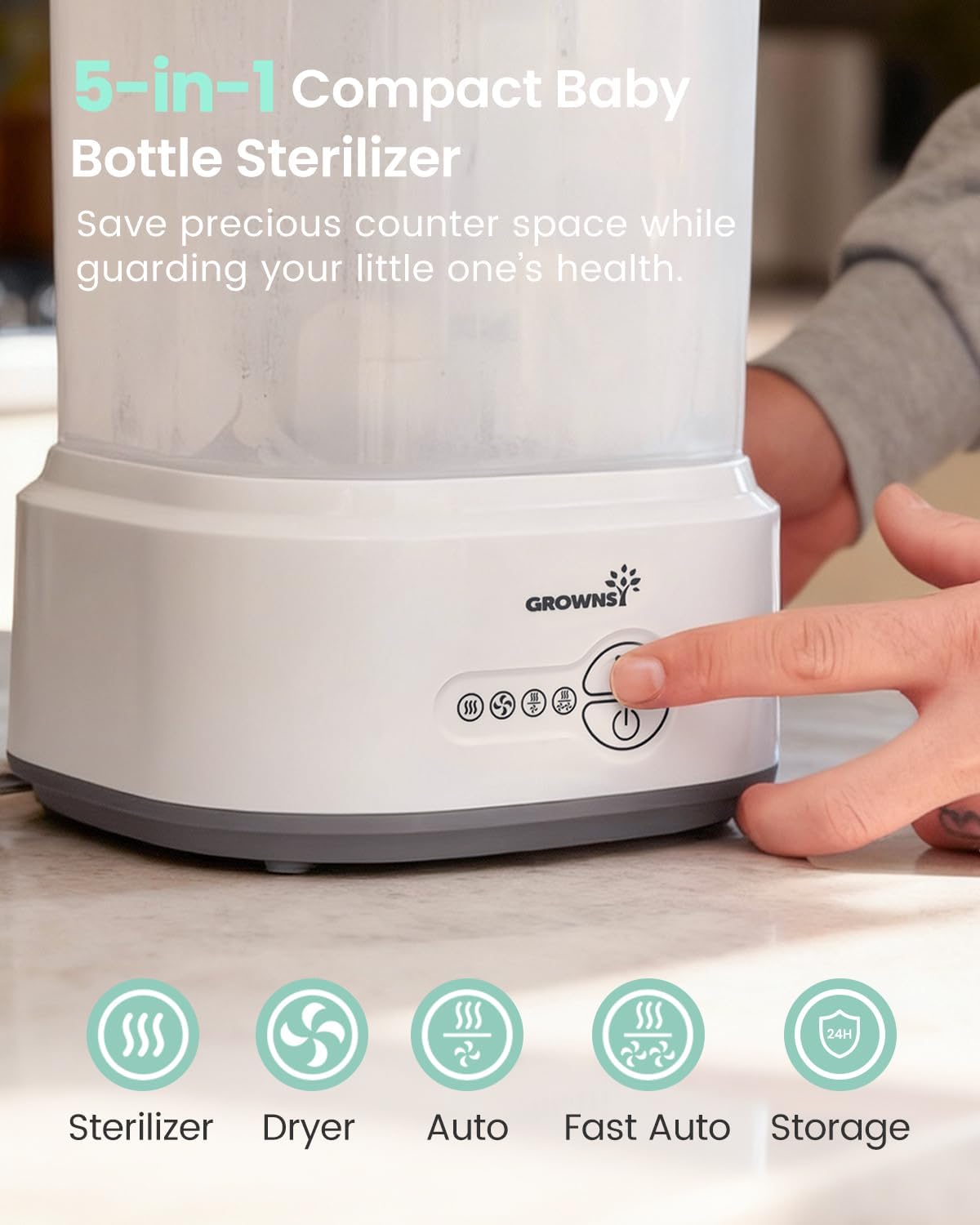 GROWNSY Bottle Sterilizer and Dryer, Compact Electric Steam Baby Bottle Sterilizer (Esterilizador de Biberones), Bottle Sanitizer for Baby Bottles, Pacifiers, Pump Parts