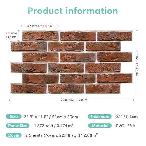 Commomy 3D Brick Wall Panels Peel and Stick - 12 pcs of 22.8" x 11.8" - Thin & UrltraLight Red Brick Wallpaper Stick on Tile for Kitchen, Bedroom, Living Room,TV Background,RV(Covers 22.48 sq.ft)