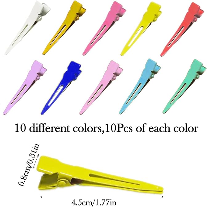 100 Pieces Single Prong Hair Clips, BetterJonny Multi Color Section Hair Clips 1.75 Inches Curl Clips 10 Colors Metal Alligator Clips Hair Pins for Hair Salon Hair Extensions