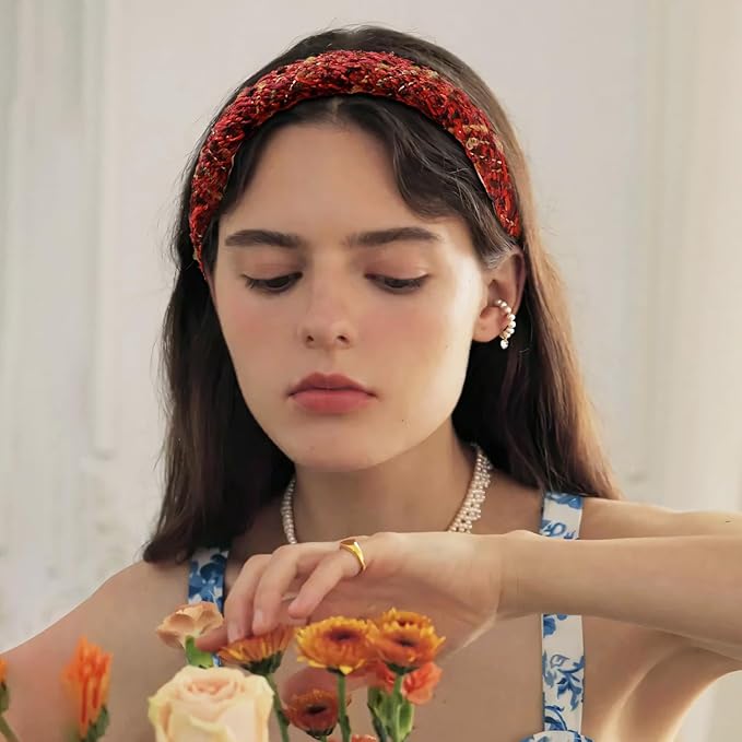 Fashion Headbands Set - 5pcs Red Wide Pearl Rhinestone Padded Hair Accessories for Women, Mothers Day, Valentine's Day, Christmas
