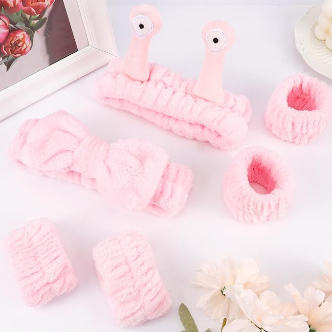 Spa Headband and Wristband Set Skincare Headband Makeup Headband Bowknot Snail Headbands Wrist Bands for Washing Face Cute Animal Face Wash Headband for Women Girls (Pink)