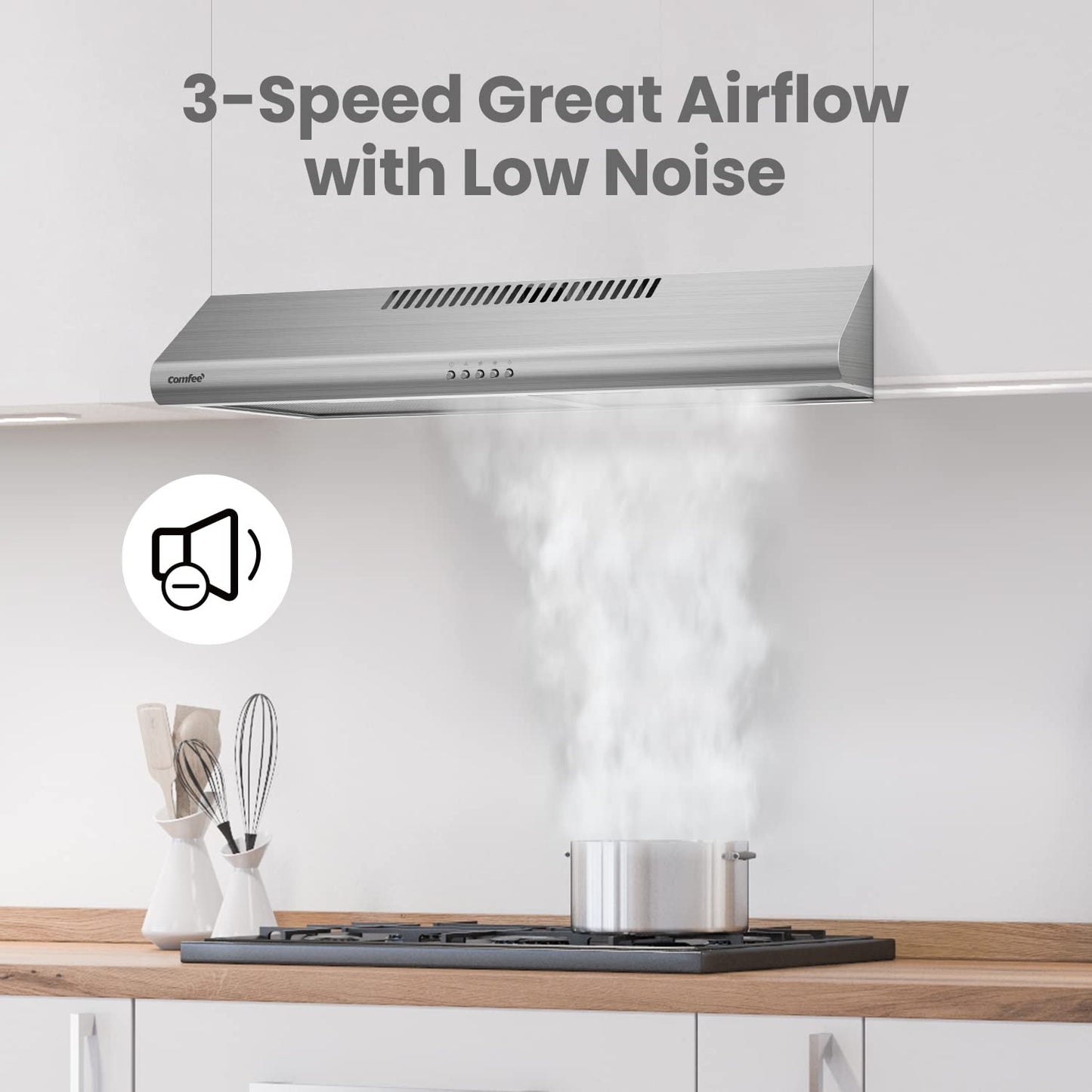 COMFEE' CVU30W4AST 30 inch Under Cabinet Ducted/Ductless Convertible Slim Vent Durable Stainless Steel Kitchen Reusable Filter, 3 Speed Exhaust Fan and 1 LED Lights Range Hood, 2.0 Version
