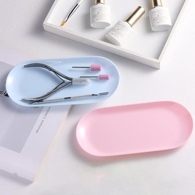 3Pcs Manicure Tools Storage Tray, Oval Plastic Storage Dish Nail Art Accessory Display Trays, Jewelry Rhinestone Organizer Plate, Makeup Cosmetic Nail Decorations Storages Plateï¼ÂBlueï¼Â