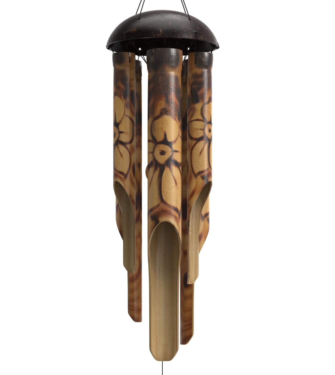 Nalulu Rustic Bamboo Wind Chimes - Outside Outdoor Wooden Windchimes, Medium, Floral Burned Design with Coconut Crown, Handcrafted with Calming Deep Tones, Home Decor Ideal Gift for Him & Her
