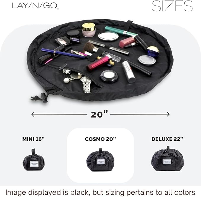 Lay-n-Go Cosmo Drawstring Cosmetic & Makeup Bag Organizer - Portable Drawstring Makeup Bag w/Zipper Pocket, Makeup Loops & More - Durable, Machine Washable Toiletry Bag (20", Floral Large)