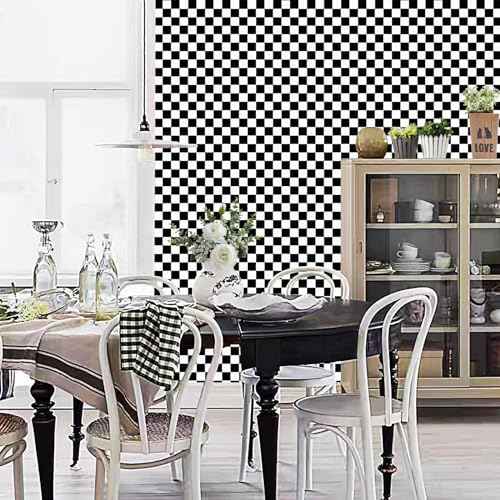 Black and White Contact Paper Mosaic Checkered Peel and Stick Wallpaper Lattice Self Adhesive Waterproof Vinyl Roll for Bathroom Kitchen Backsplash Cabinets Shelf Liners Drawers 17.3"x80"