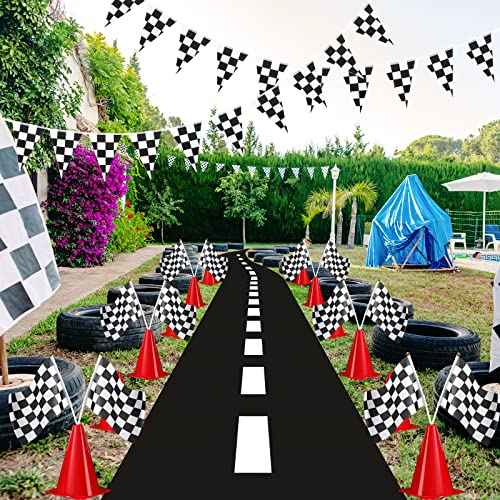 Skylety Traffic Cones and Racing Checkered Flags Set-include 12 Plastic Traffic Cones,12 Flags with Sticks,31 ft Checkered Pennant Banner and 9.8 x 2 ft Racetrack Floor Running Mat