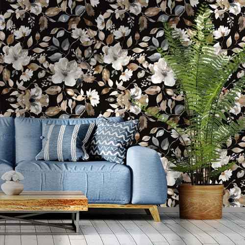 Vintage Dark Black Floral Peel and Stick Wallpaper Modern Botanical Flower Waterproof Removable Self Adhesive Vinyl Contact Wall Paper for Farmhouse Bathroom 17.7" X 70.8" Roll