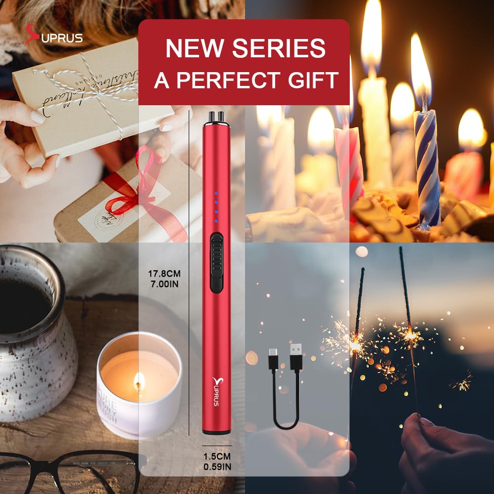 SUPRUS Electric Arc Windproof Flameless USB Rechargeable Lighter with Safety Lock for Candle (Red)