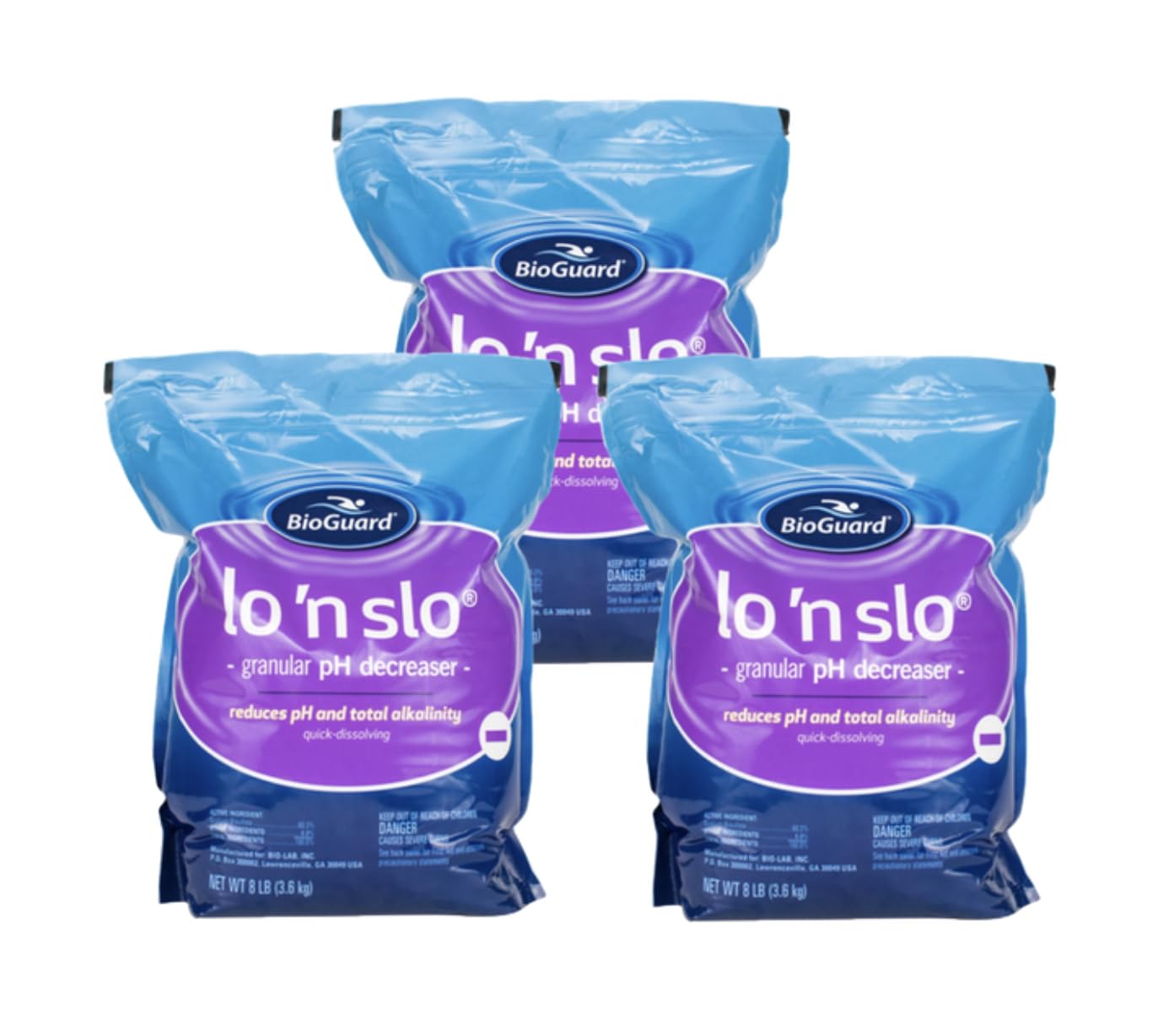 BioGuard Lo 'N Slo, 8 lb, Pack of 3, Granular pH Decreaser, Total Alkalinity Balancer, Quick Dissolving, Suitable for All Pool Types