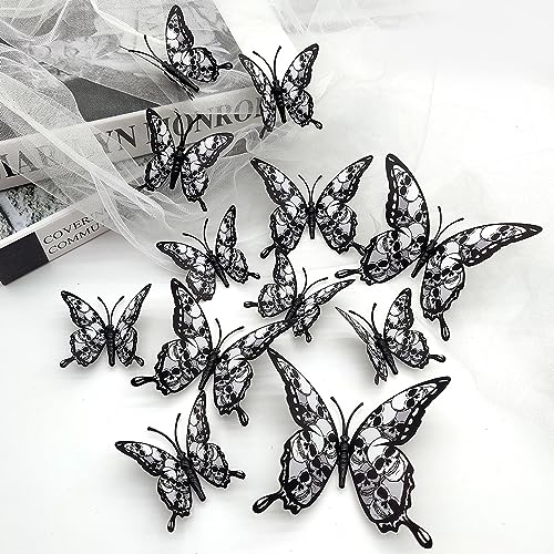 12PCS Butterfly Wall Stickers, 3D Double-Layer Skull Butterflies Wall Decals Halloween Wall Decor Gothic Black Butterfly Design Halloween Wall Stickers for Home Room Bedroom Festival Party Decoration