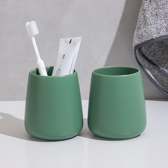 Green Toothbrush Holder for Bathroom - 2Pcs Ceramic Tooth Brushing Holders Set, Toothbrush Cup & Toothpaste Organizer for Bathroom Countertop, Makeup Brush Holder, Pen Holder for Home Desktop Storage