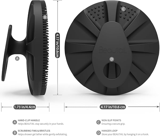 Silicone Body Scrubber, BEAUTAIL Upgrade 3rd Gen Shower Bath Brush, Lather Nicely, Soft Massage Body, More Hygienic Than Traditional Loofah, Gentle Exfoliating for Sensitive Skin, 1 Pack, Black
