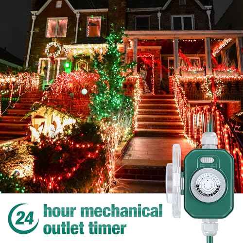 Feekoon 40 Ft Extension Cord Outdoor with Outlet Timer, 1 to 3 Splitter Extension Cord with Multiple Outlets 16/3 SJTW Green Split Cable Weatherproof Covers for Holiday Christmas Lights