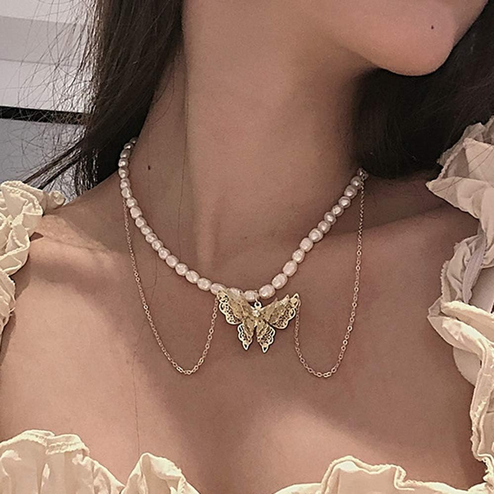 Bohemian Layered Necklace with Butterfly Pendant Fashion Beaded Necklaces Tassel Chain Jewelry for women and girls