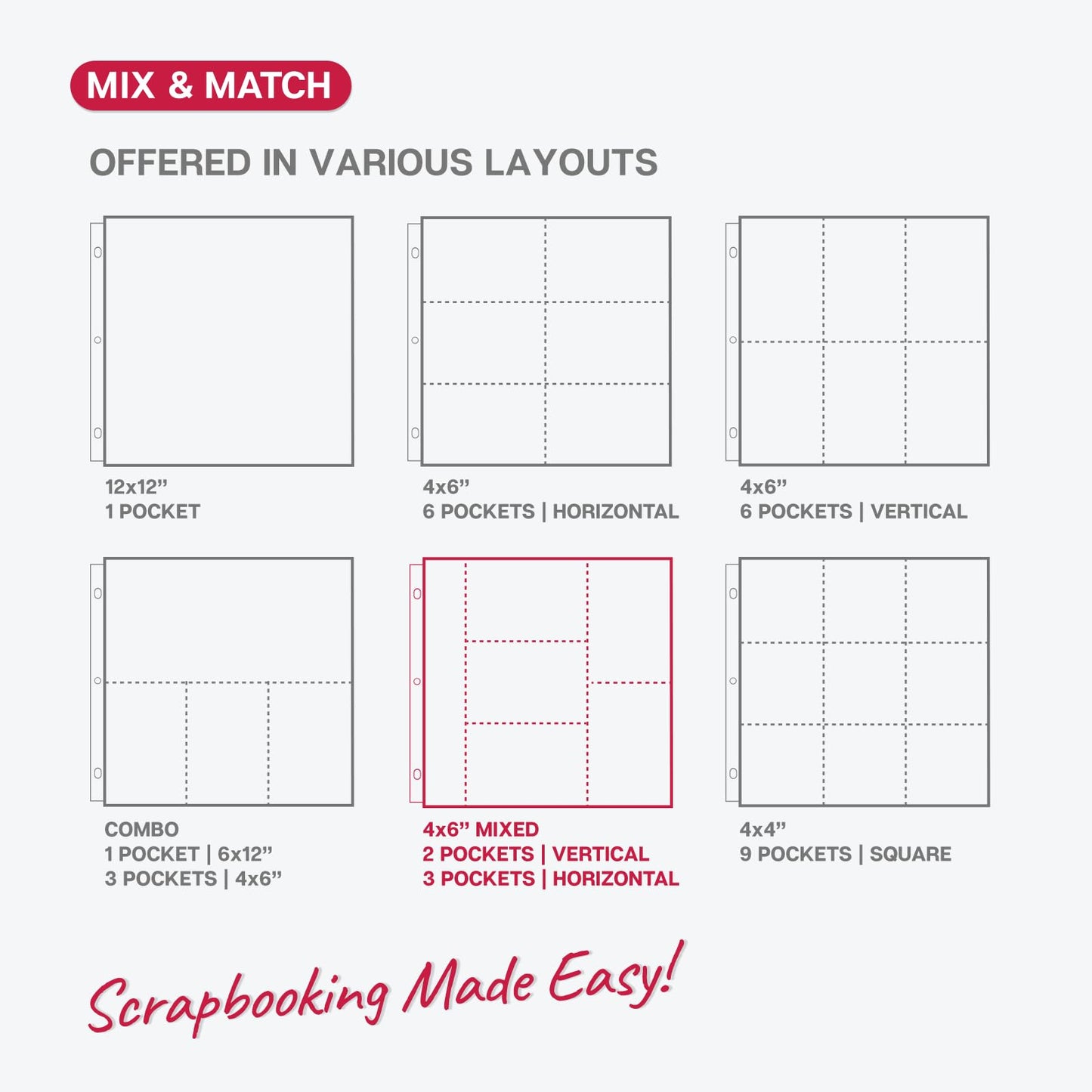 Dunwell Photo Album Refill Pages 12x12 (4x6 Mixed Layout), 25 Pack Holds 250 Pictures, Plastic 4 x 6 Photo Sleeves for 3-Ring Scrapbook Binder, Acid-Free Poly