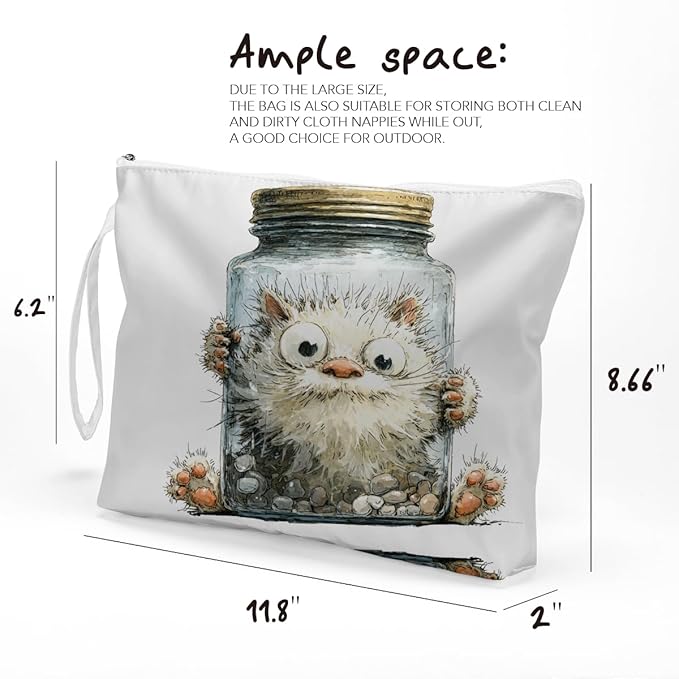 Fokongna Cute Print Wet Bag, Small Portable Waterproof Multi-Functional Organizer for Women, Cream White Jar Fluffy Cat, Ideal for Daily, Beach & Travel