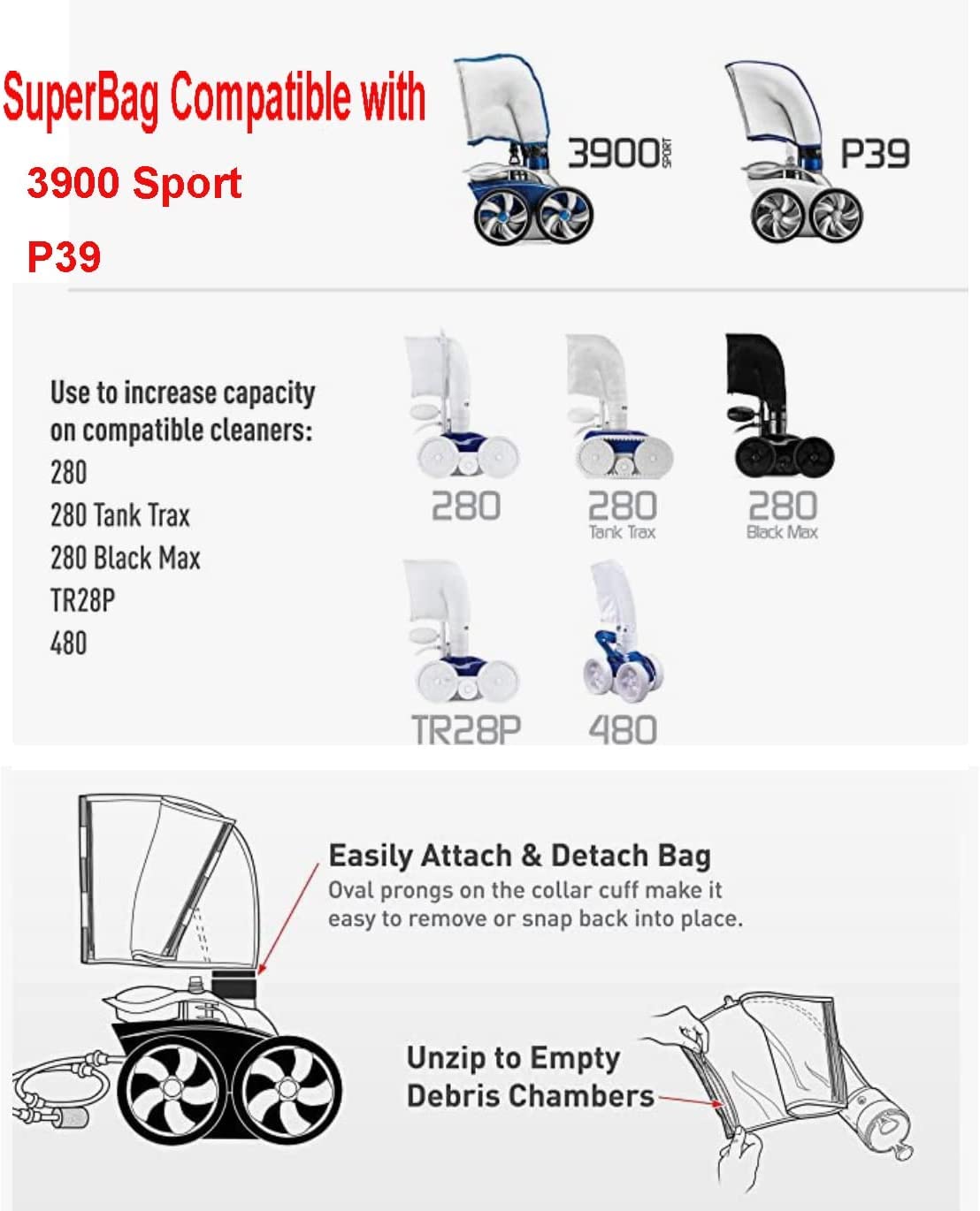 ATIE 3900 Sport P39 Pool Cleaner Double Chamber All Purpose SuperBag 39-310 with Zipper Enlosure Replacement Compatible with 3900 Sport and P39 Pool Cleaners (2 Pack)