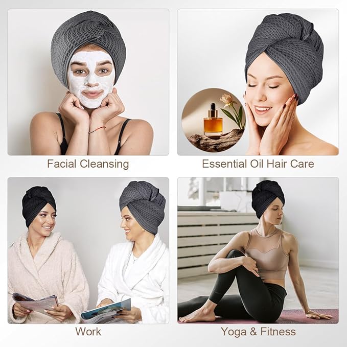 HOMEXCEL 2 Pack Large Microfiber Hair Towels Waffle Weave- 40 x 26.5 inches Fast Drying Turbans for Long, Thick, Curly Hair - Anti Frizz Wrap with Elastic Strap, Black/Grey
