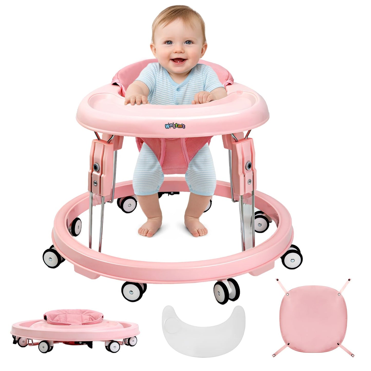 Wnttmt Baby Walker with Wheels, One-Touch Folding Portable Baby Walkers with Height Adjustment, Large Dinner Plate and Brake, Walker for Baby Boy Girls 6-18 Months, Full Pink
