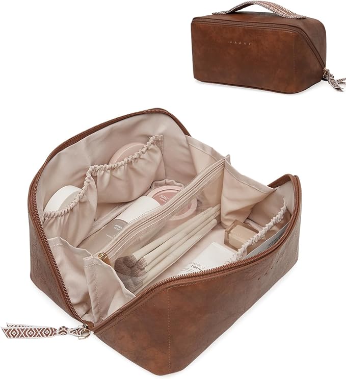 EACHY Travel Makeup Bag, Large Capacity Cosmetic Bag for Women, Waterproof PU Leather, Flat Open Portable Toiletry Bag for Skincare, Brushes & Travel Essentials