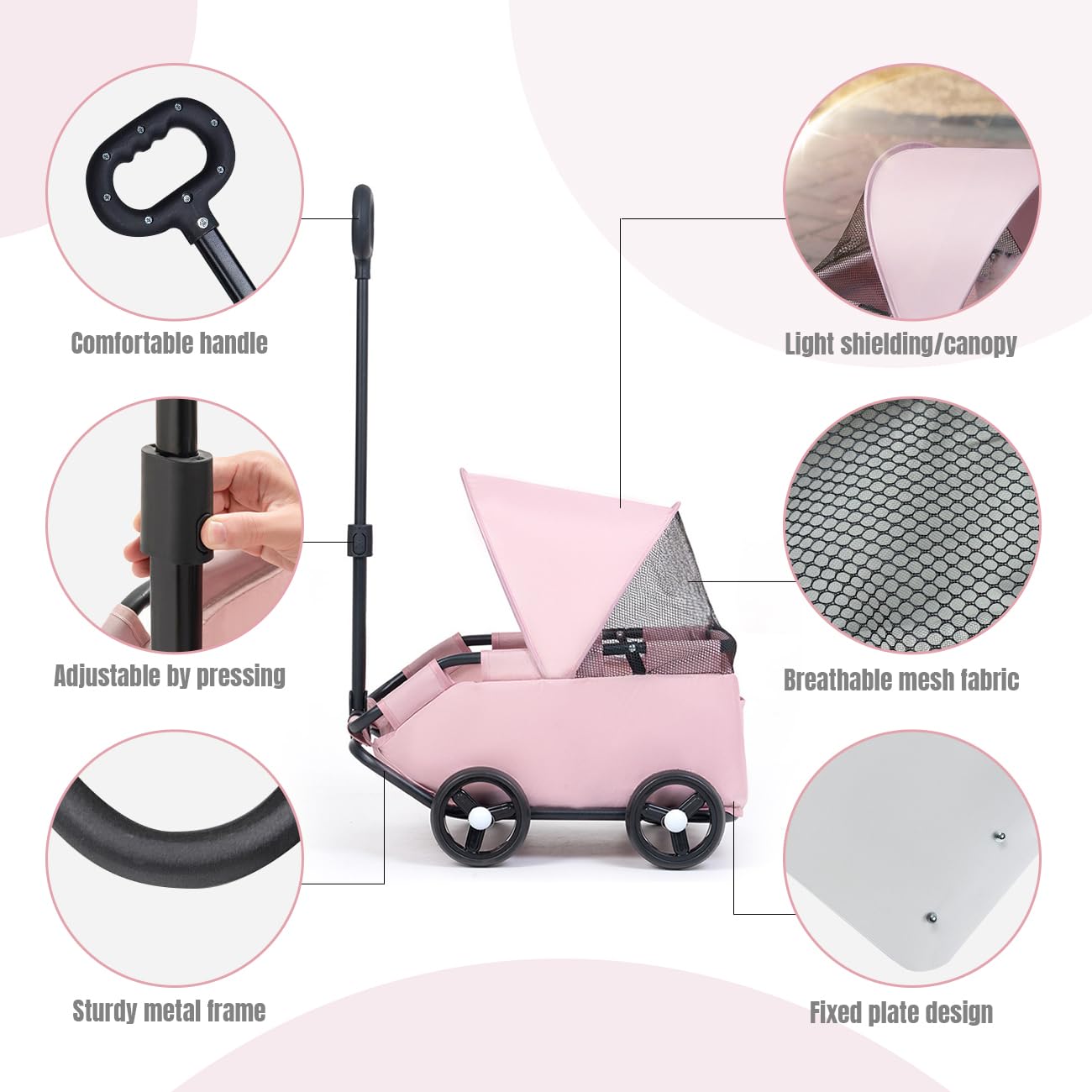 La La Pet 4-Wheel Dog Stroller with Sunshade Cover Collapsible Mesh Canopy Portable Pet Carrier for Outdoor Travel Shopping Walking Suitable for Small Dogs and Cats Pink