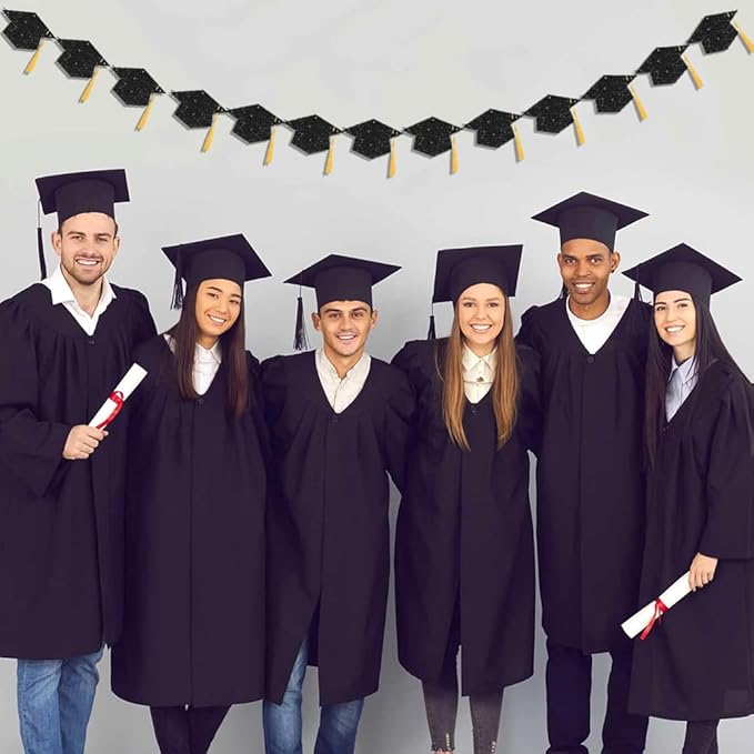 Graduation Decoration Banners 2026 Black Glitter Graduation Hats with Tassel Banners Garlands Class of 2026 Banners for College High School Graduate Party Decorations