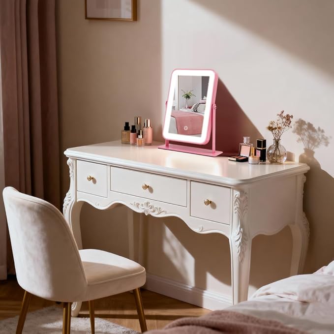 YEKKOPT Portable Desk Vanity Mirror with Lights,11"ÃÂ9" Small Pink Rechargeable Makeup Mirror with Lights,Smart Touch Screen with 3-Color Lighting,Dimmable,for Dorm Tabletop,Bedroom,Decor