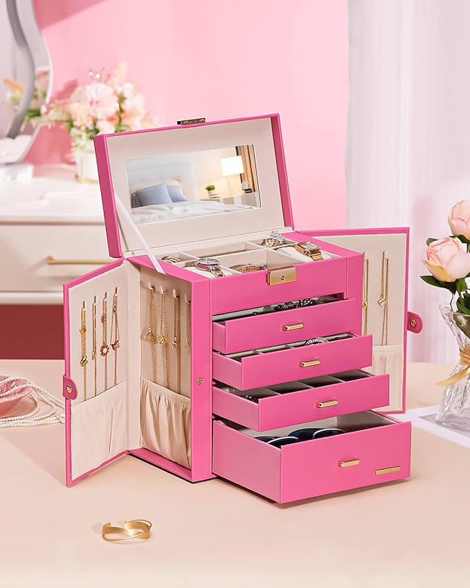 Homde Synthetic Leather Huge Jewelry Box Mirrored Watch Organizer Necklace Ring Earring Storage Lockable Gift Case (Pink + Gold)