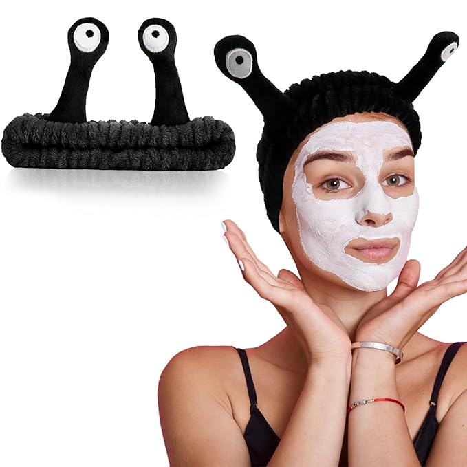 SuPoo Black Snail Face Wash Headband - Funny Skincare Spa Headband with Cute Alien Puffy Antenna Eyes for Women, Stretchy Hair Wrap Makeup Accessory