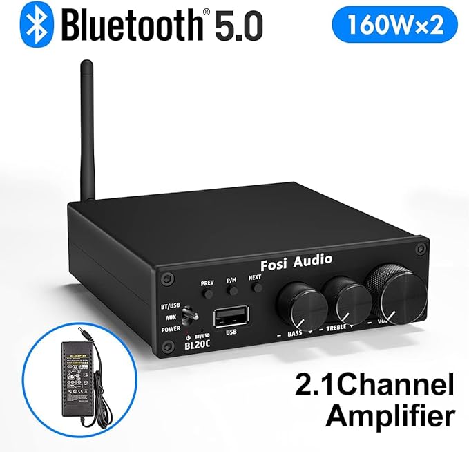 Fosi Audio BL20C Bluetooth 5.0 Stereo Audio Receiver Amplifier 320 Watts 2.1 CH Mini Hi-Fi Class D TDA7498E Integrated Amp U-Disk Player for Home Passive Speakers Powered Subwoofer(with Power Supply)
