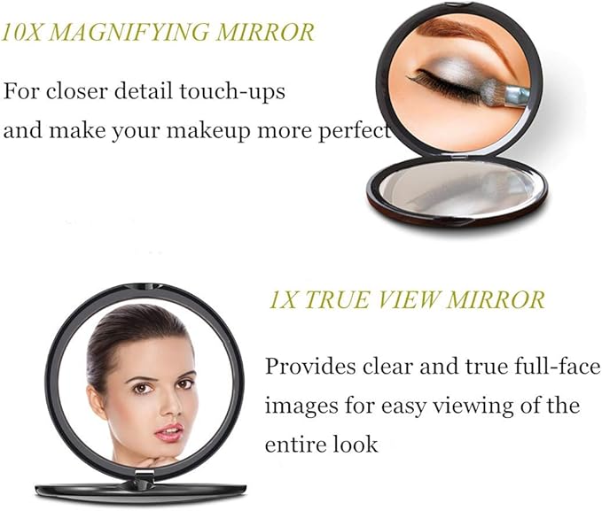 deweisn Magnifying Compact Cosmetic Mirror Elegant Pocket Handheld Makeup Mirror with Powerful 10x Magnification and 1x True View Mirror for Travel or Your Purse (Pack of 2)
