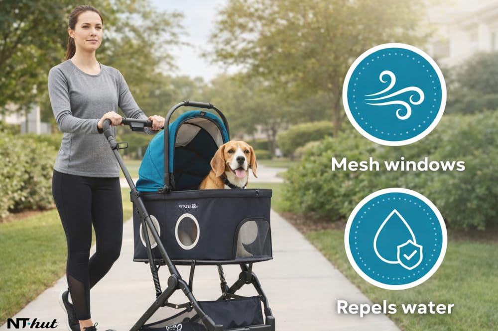 Pet Stroller for Small & Medium Dogs and Cats Up to 50 lbs, 3-in-1 Lightweight Dog Stroller with Detachable Carrier, 360° Mesh Windows, One-Click Fold, Storage Bag & Basket, Cup Holder, All-Terrain
