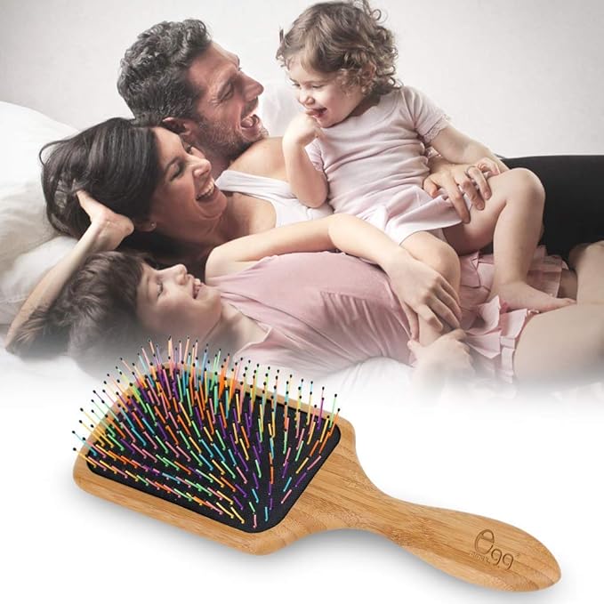 BLACK EGG Paddle Detangling Hair Brush for Women Girls, Rainbow Nylon Brush for Thick Thin Curly Hair, Includes Wooden Detangler Comb and 3 Hair Ties, Valentine’s Day Gift