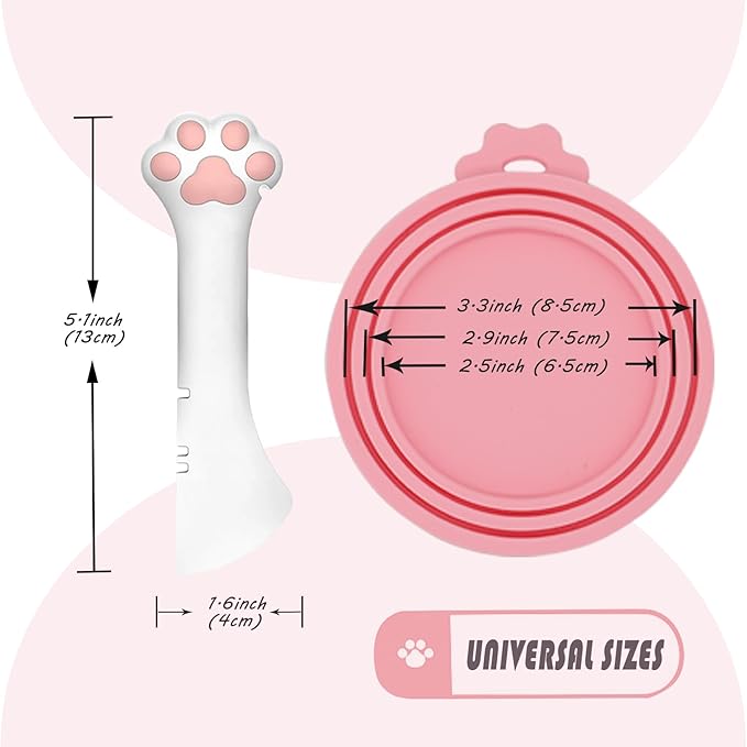 3 Pcs Pet Food Can Lids & One Can Spoon | Cute Paw Shape Opener Spatula Cat Wet Food Spoon | Universal BPA Free Silicone Covers for Dog Cat Cans(Pink)