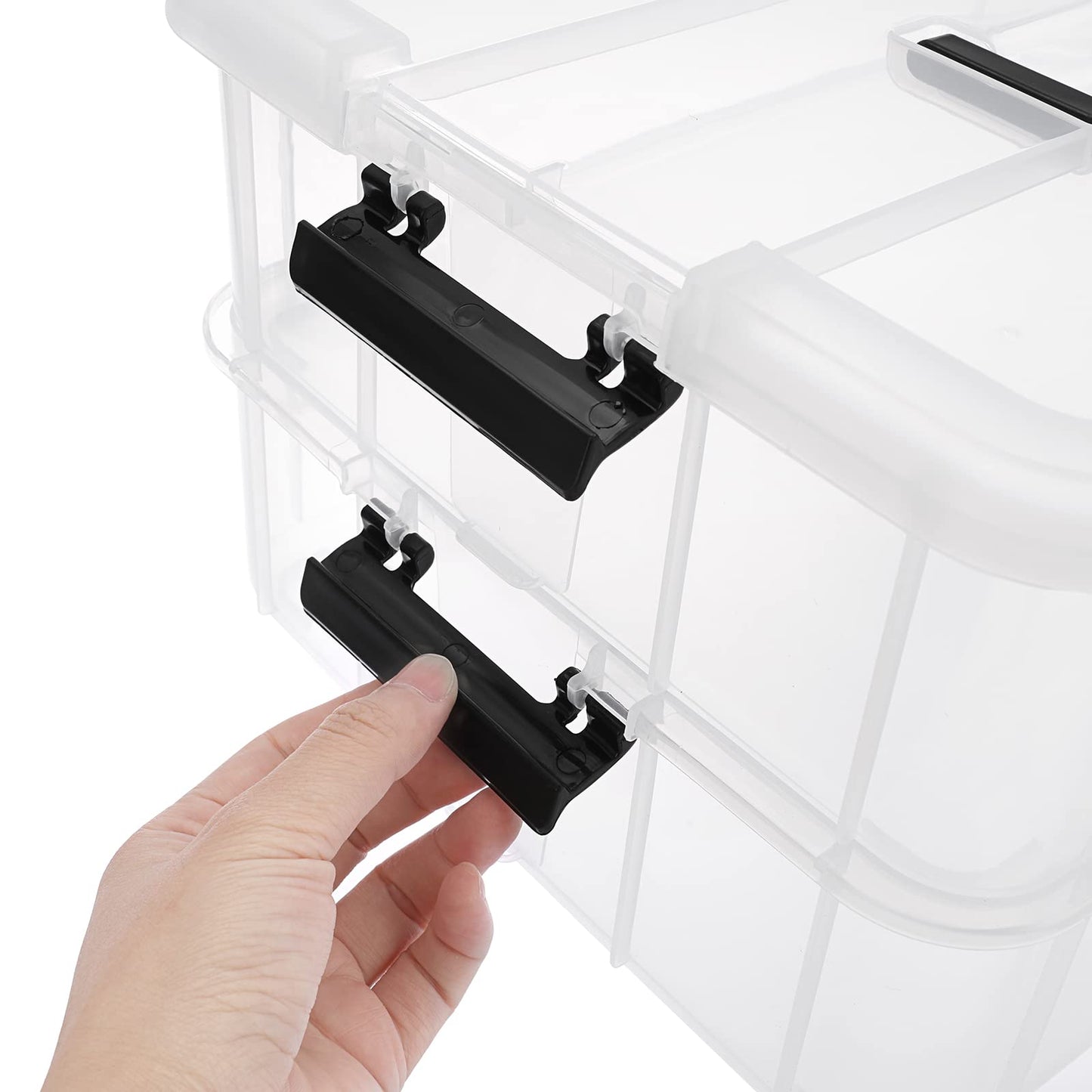 BTSKY 2 Layer Stack & Carry Box, Plastic Multipurpose Portable Storage Container Box Handled Organizer Storage Box for Organizing Stationery, Sewing, Art Craft, Jewelry and Beauty Supplies Black