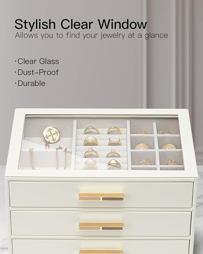 VLANDO Jewelry Box for Women, Glass Lid Jewelry Organizer with 3 Drawers for Necklaces Rings Earrings Bracelets Mother Day Gift for Mom - Cloud White