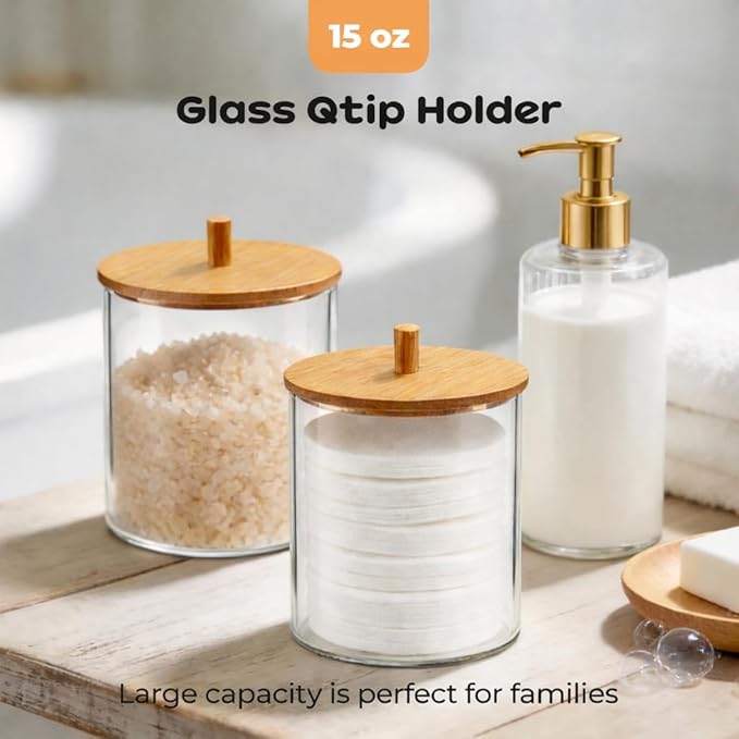 15oz Glass Qtip Holder Dispenser Set - Cotton Swab Holder with Bamboo Lids, Bathroom Canisters Apothecary Jar Vanity Storage Organizer for Cotton Balls Pads, Floss Picks (2 Pack)