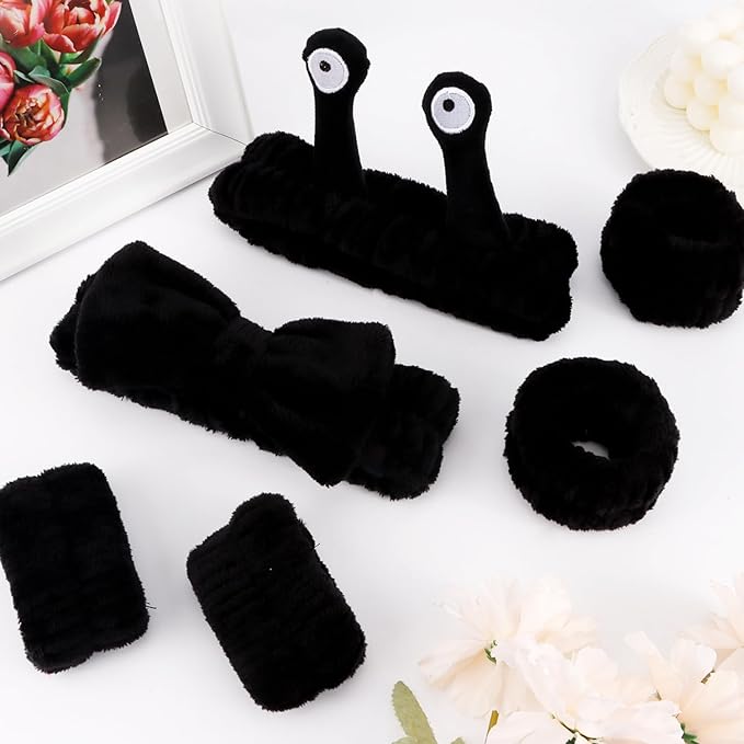 Spa Headband and Wristband Set Skincare Headband Makeup Headband Bowknot Snail Headbands Wrist Bands for Washing Face Cute Animal Face Wash Headband for Women Girls (Black)