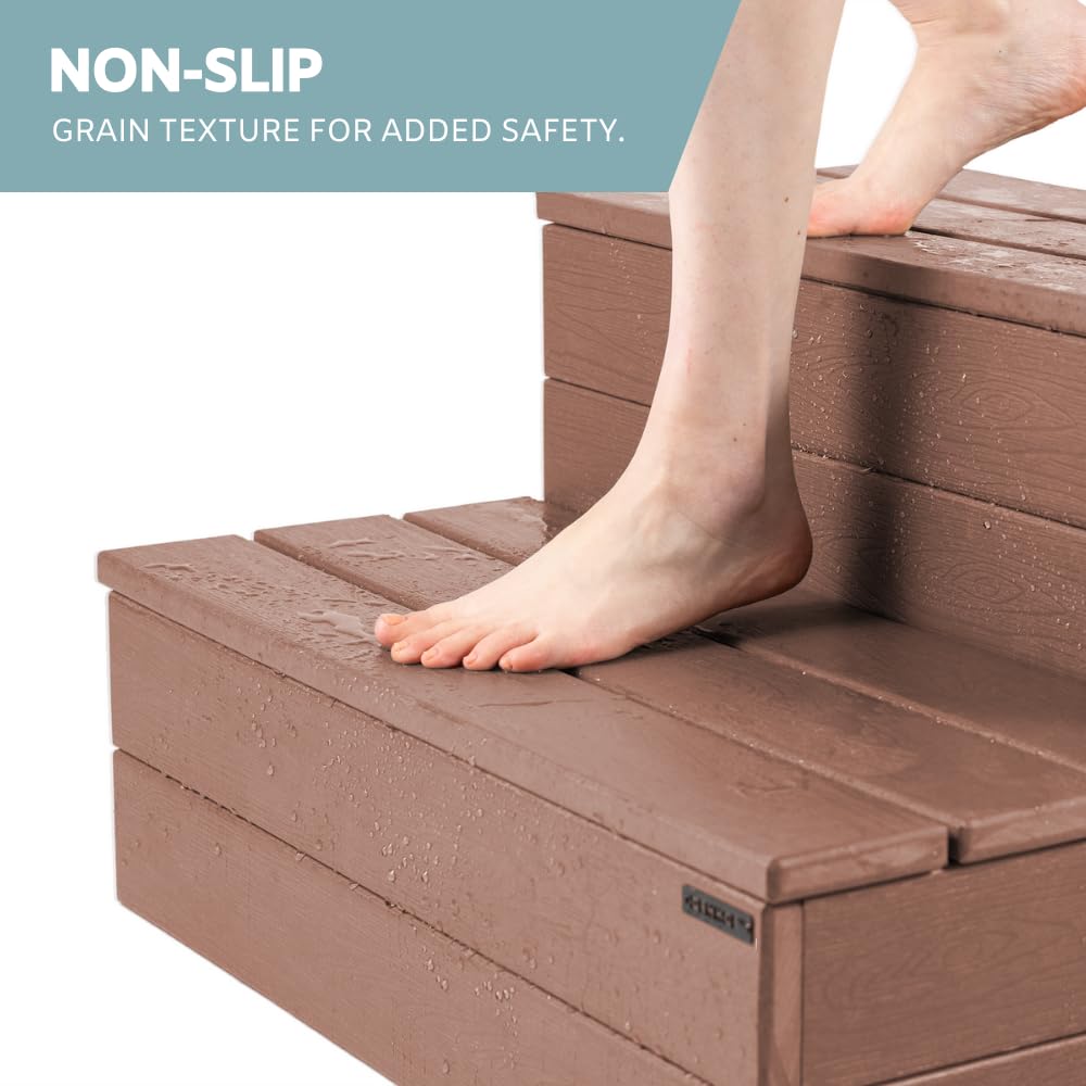 DENKOE Hot Tub Steps - Wood Looking Plastic - 100% Waterproof - Brown Non Slip, Heavy Duty, Multi Use as Porch Steps, Hot Tub Stairs, Outdoor Stairs, Fits Any Spa Size