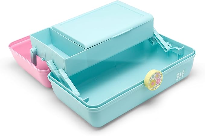 Caboodles On-The-Go Girl Makeup Box, Two-Tone Pink and Light Blue, Hard Plastic Makeup Organizer Box, Built-In Mirror, Secure Latch for Safe Travel, Spacious Storage for Large Items
