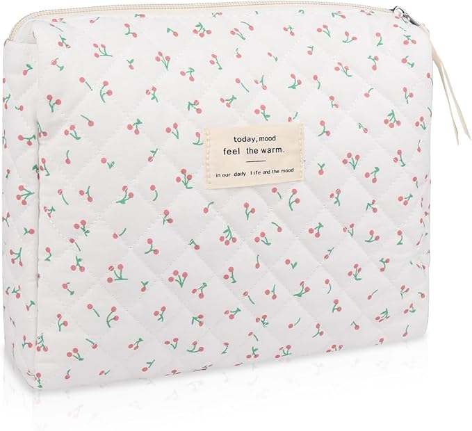 Large Makeup Bag, Cute Cosmetic Bag for Women Girls, Floral Coquette Aesthetic Toiletry Bag, Travel Make Up Organizer Bag (White Cherry)